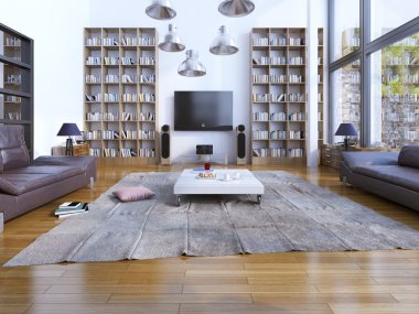 Design of spacious living room with panoramic windows