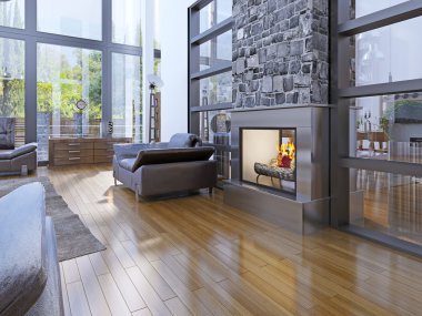 Idea of avant-garde living room with fireplace
