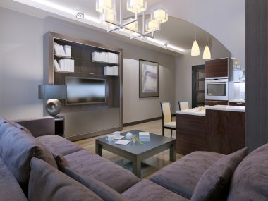 Çağdaş oturma odası ile mutfak arka plan üzerinde