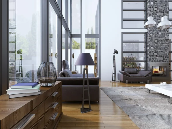 Ideia de sala de estar com janelas panorâmicas — Fotografia de Stock