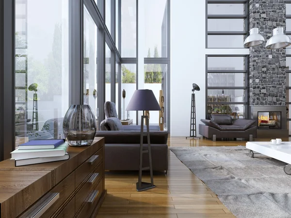 Idea of living room with panoramic windows — Stock Photo, Image