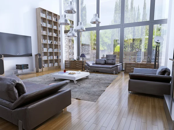 High ceiling living room with panoramic windows — Stock Photo, Image