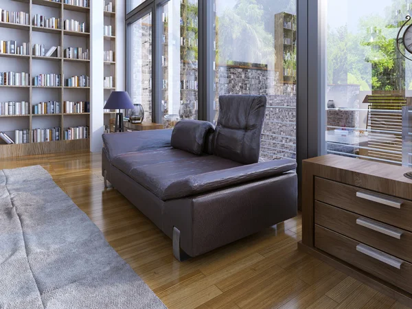 A modern lether sofa and lamp on wooden floor — Stock Fotó