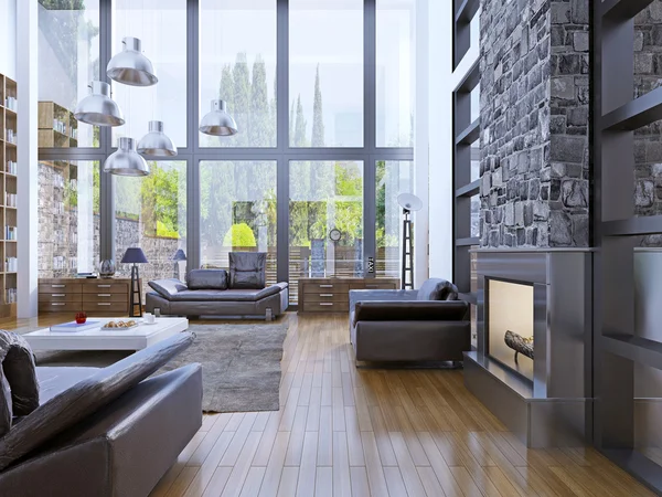 Loft apartment interior design with panoramic window interior — Stock Photo, Image