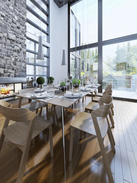 Projeto brilhante de jantar com janelas panorâmicas — Fotografia de Stock