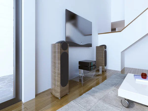 Televize a zvukový systém na moderní obývací pokoj — Stock fotografie