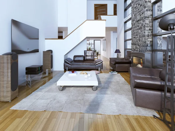 High-ceiling lounge room with fireplace — Stock Photo, Image