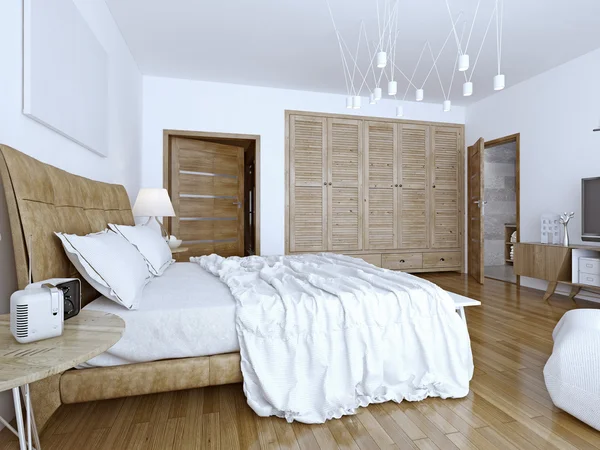 Unmade bed in minimalist bedroom — Stock Photo, Image