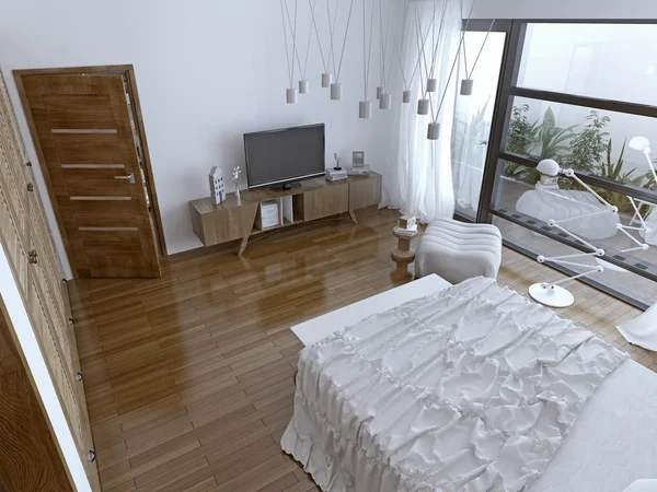 Современная спальня с панорамным окном — стоковое фото