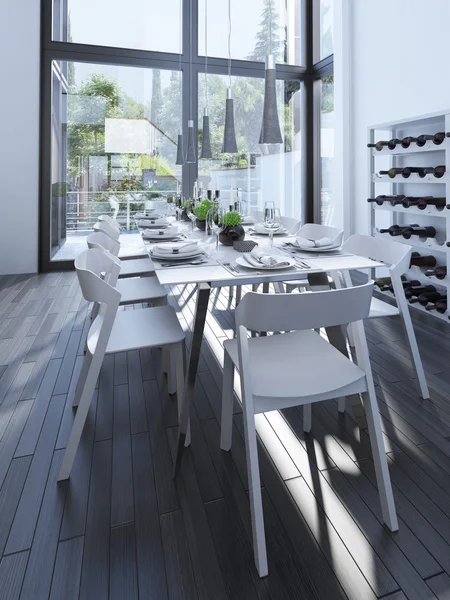 Projeto moderno da sala de jantar com rack de vinho — Fotografia de Stock
