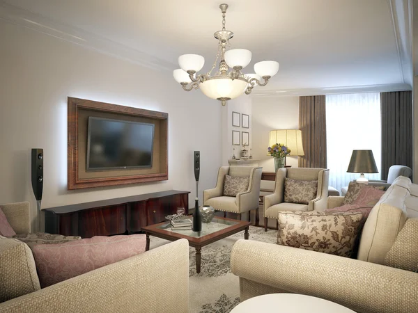 Wohnzimmer mit hellen Möbeln. provokanter Stil. — Stockfoto