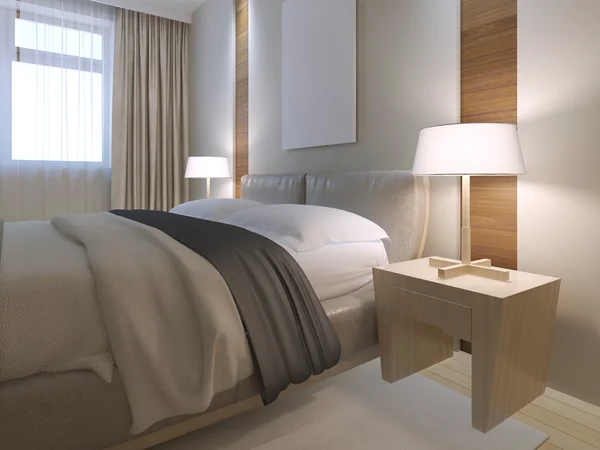Cama doble en dormitorio minimalista — Foto de Stock