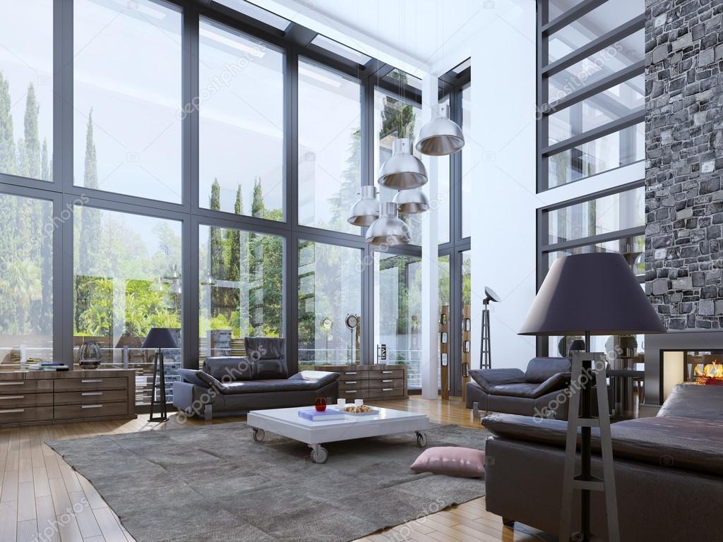 Two-storey modern living room with panoramic windows