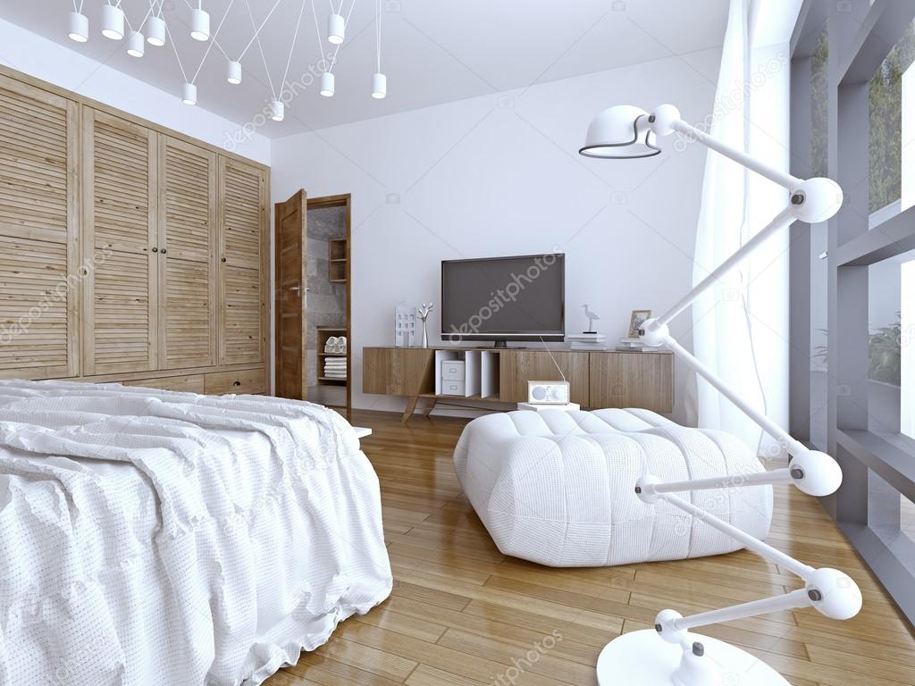 Bright and brand new interior of european bedroom
