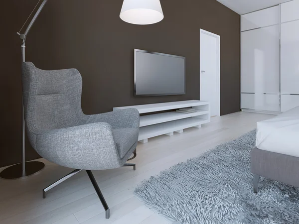 Sillón gris suave en dormitorio minimalista — Foto de Stock