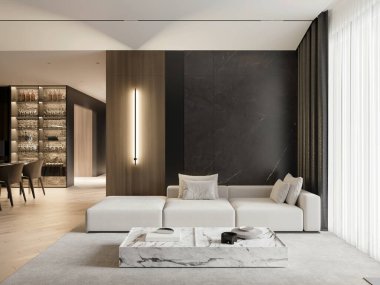 İç mekan kavramı: sıcak ahşap tonlarda, koyu mermer duvarlı, bej modüler kanepeli, mermer sehpalı ve katıksız perdeli çağdaş oturma odası. 3d oluşturma.