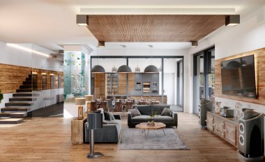 Ahşap dokuları, cam merdivenleri, akvaryum özelliği ve entegre mutfağı olan açık planlı yaşam alanı; modern tasarım kavramları, 3D tasarım..