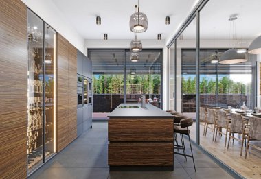 Ahşap kaplama dolabı, gri ada, cam cepheler ve büyük pencereler ile çağdaş mutfak iç mimarisi; 3D.