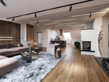 Çağdaş açık planlı oturma odası ahşap zeminli kanepe, koyu ahşap paneller ve modern şömine; açık mutfak, tavan penceresi, sıcak tarafsızlıklar. 3d oluşturma