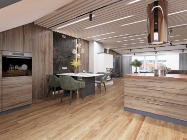 Modern açık-plan mutfak ve ahşap dolaplar, mermer ada, sıcak ahşap döşemeler ve yeşil sandalyeler ile akşam yemeği; malzeme ve renge odaklı iç tasarım konsepti. 3d Hazırlama.