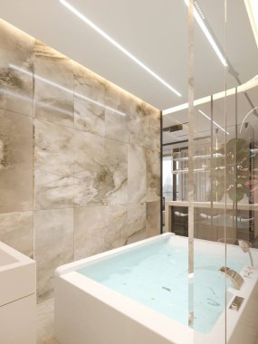 Mermer yüzeyli lüks cam duvarlı banyo, serbest küvet ve yüzen kibir; sıcak LED ışıklandırma ve saksı bitkisi çağdaş bir iç tasarım konsepti tanımlar. 3d oluşturma