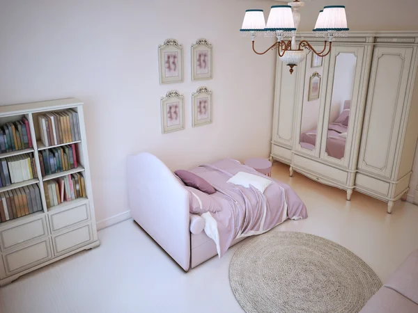 Подростковая спальня с книжным шкафом — стоковое фото