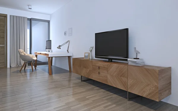 Деревянная мебель в белой комнате — стоковое фото