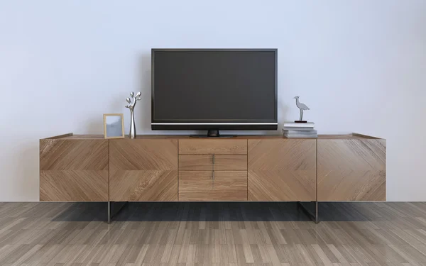 Mueble de TV con plasma y decoraciones — Foto de Stock