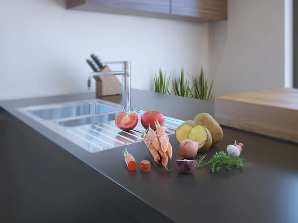 Interior de cozinha moderna com legumes frescos em pedra natural c — Fotografia de Stock