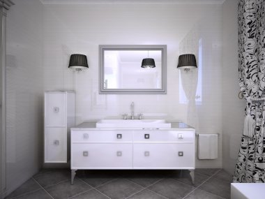 Glossy white furniture in bathroom clipart