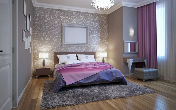 3D-Rendering Schlafzimmer in Grau- und Weißtönen mit lila Akzenten — Stockfoto