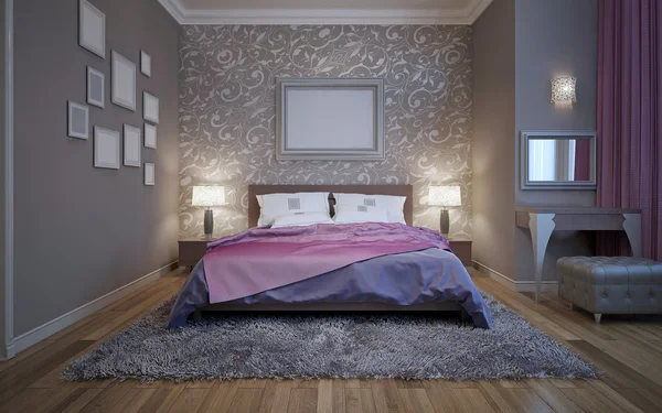 Стальной серый в современном дизайне спальни — стоковое фото