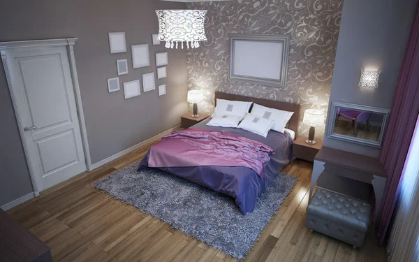 Dormitorio vanguardista en tendencia de color gris — Foto de Stock