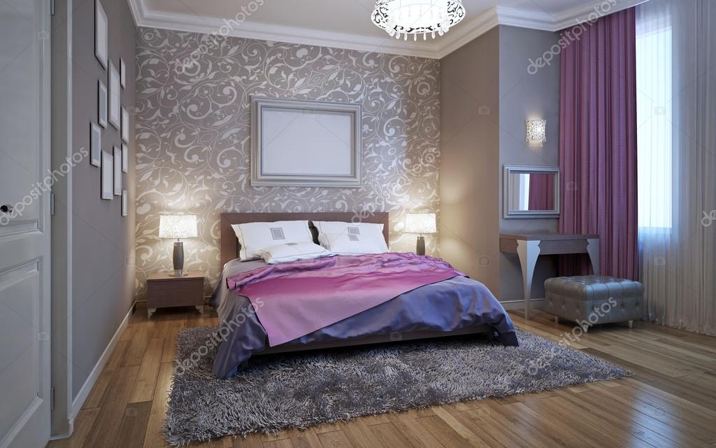 3d rendering hálószoba, szürke és fehér tónusok a lila árnyalattal ... Hálószoba lila