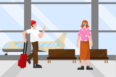 Corona virüsünü yaymamak için selamlaşmanın sosyal uzaklık örneği. Düz tasarım