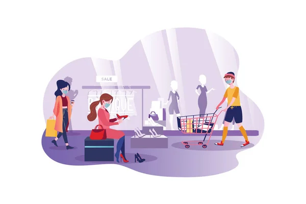 People wearing mask shopping in the mall.  Illustration concept.