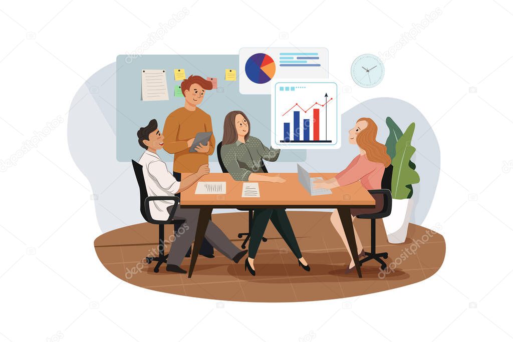 Group of analysts working on graphs. Illustration concept.