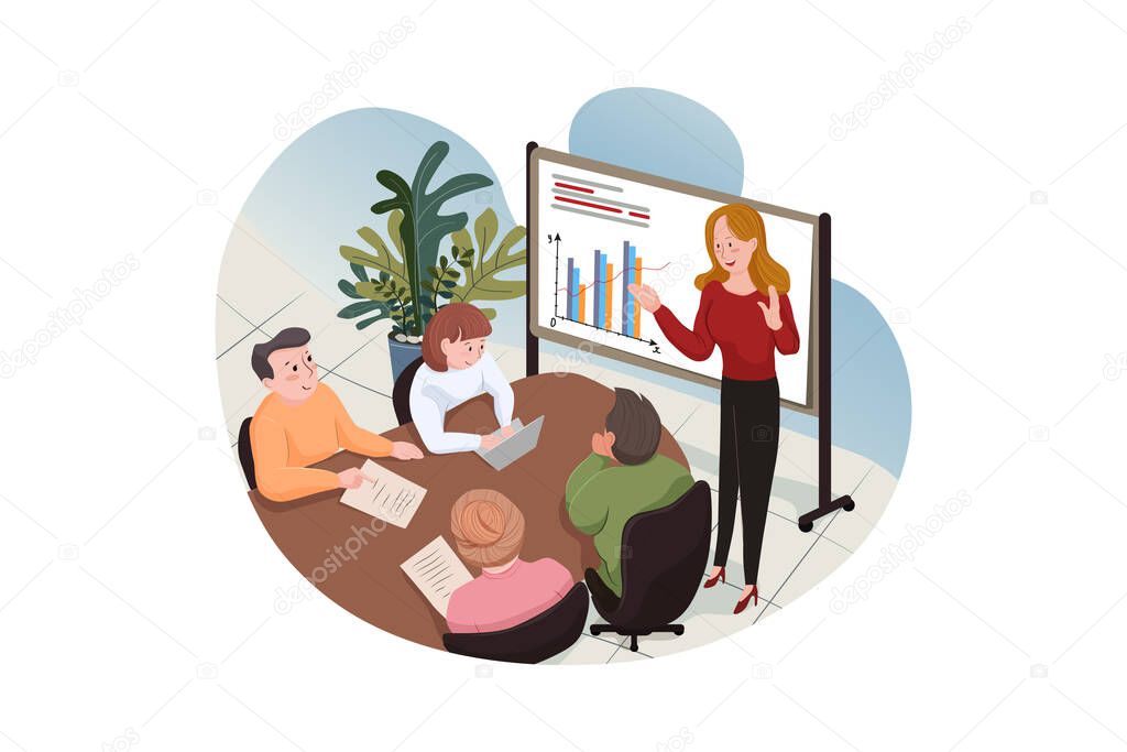 Young businesswoman giving presentation on future plans to his colleagues at office.  Illustration concept.