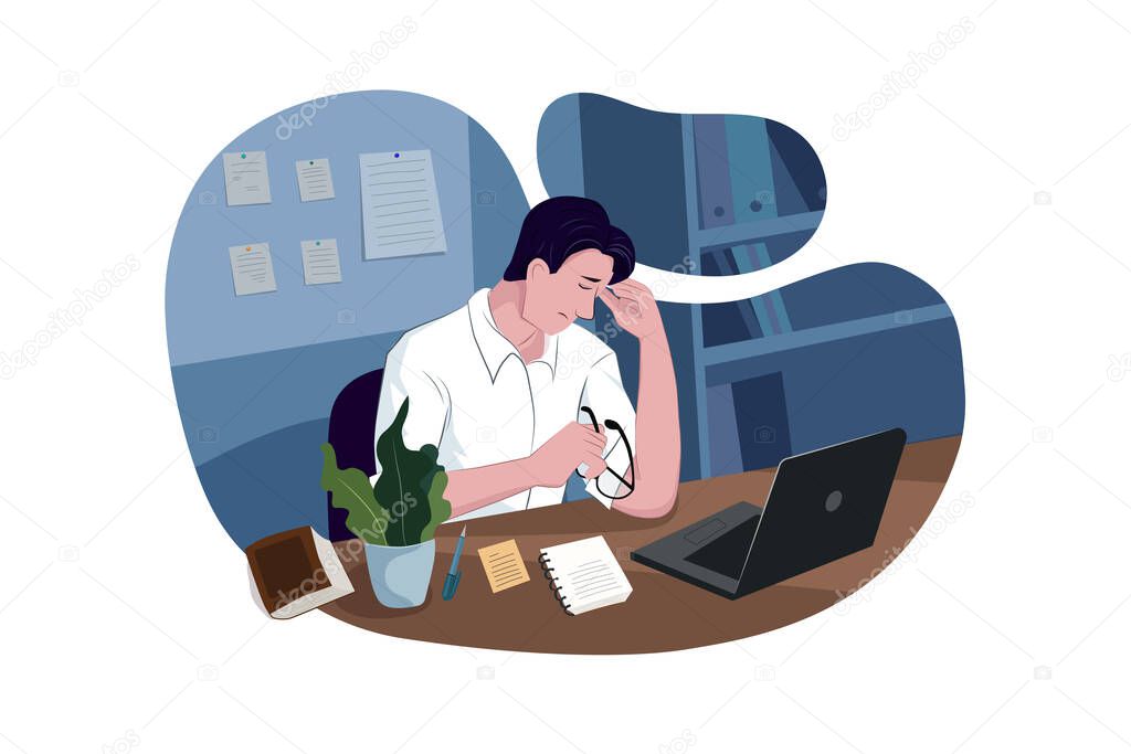 Stressed man with laptop in office.  Illustration concept.