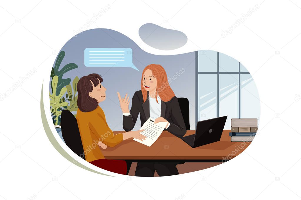 Young smiling businesswomen working new project at office.  Illustration concept.