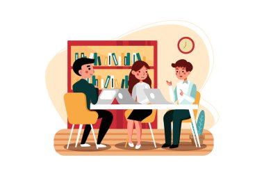 Ofisteki ortaklarla sohbet eden gençler. Düz illüstrasyon beyaz arkaplanda izole edildi.