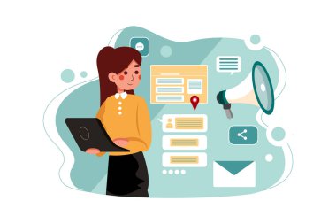 İçerik Reklamcılığı Vektör İllüstrasyonu konsepti. Web afişi, bilgi grafikleri, kahraman resimleri için kullanılabilir. Düz illüstrasyon beyaz arkaplanda izole edildi.