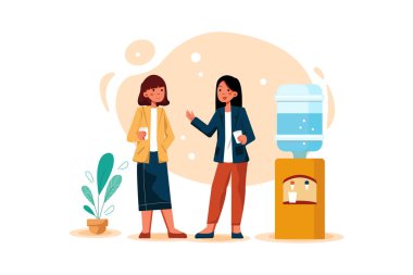 Genç bayan işçiler işyerindeki su soğutucusunun etrafında gayri resmi konuşuyorlar, iş arkadaşları mola sırasında ferahlatıyorlar. Düz illüstrasyon beyaz arkaplanda izole edildi.