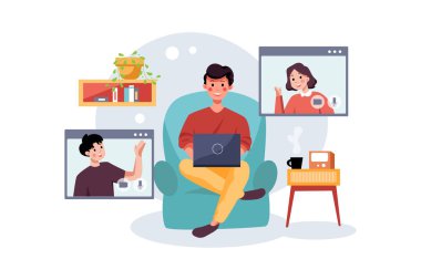 Vector Illustration konseptini konuşan insanlarla çevrimiçi kurs. Düz illüstrasyon beyaz arkaplanda izole edildi.