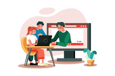 Vector Illustration konseptine yardım eden insanlarla çevrimiçi kurs. Düz illüstrasyon beyaz arkaplanda izole edildi.