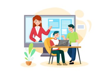 Vector Illustration konseptine yardım eden insanlarla çevrimiçi kurs. Düz illüstrasyon beyaz arkaplanda izole edildi.