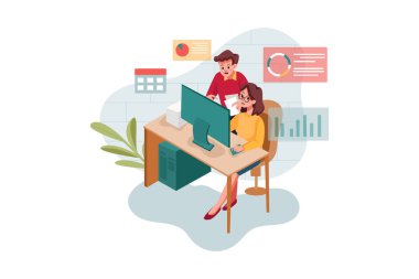 Erkek ve kadın çalışan çevrimiçi pazarlama vektörü illüstrasyon konsepti yapıyor. Düz illüstrasyon beyaz arkaplanda izole edildi.