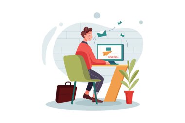 Erkek çalışan posta gönderme vektörü illüstrasyon konsepti. Düz illüstrasyon beyaz arkaplanda izole edildi.