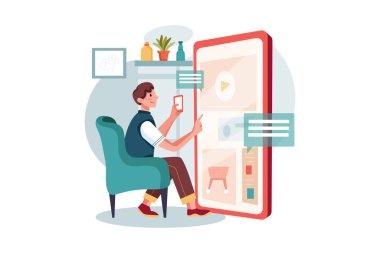 Adam reklâm vektörü illüstrasyon konseptini kontrol ediyor. Düz illüstrasyon beyaz arkaplanda izole edildi.