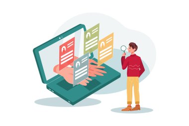 Pazarlama temsilcisi Vector Illustration konseptini arayan adam. Düz illüstrasyon beyaz arkaplanda izole edildi.